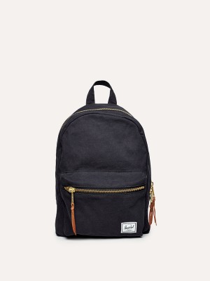 A black backpack with a brown handle and zipper.