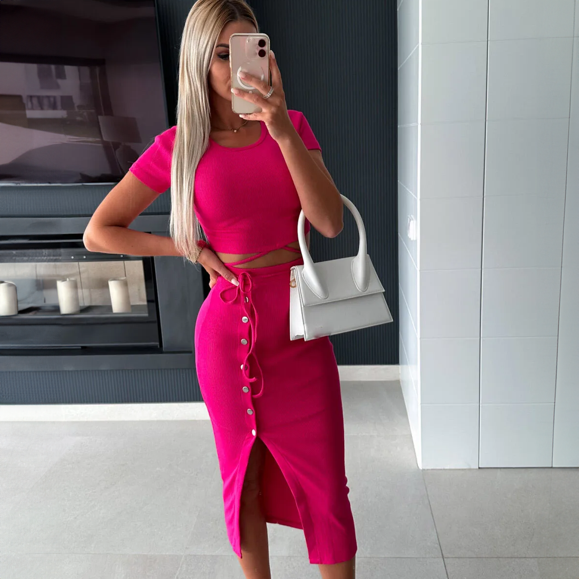 Woman in pink outfit