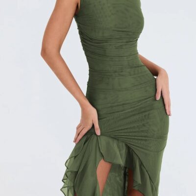 Woman in Green Ruffle Ruched Dress