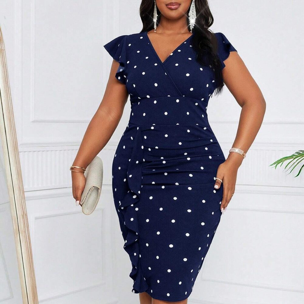 Plus Size Polka Dot Print Ruffle Sleeve Fitted Ruched Dress